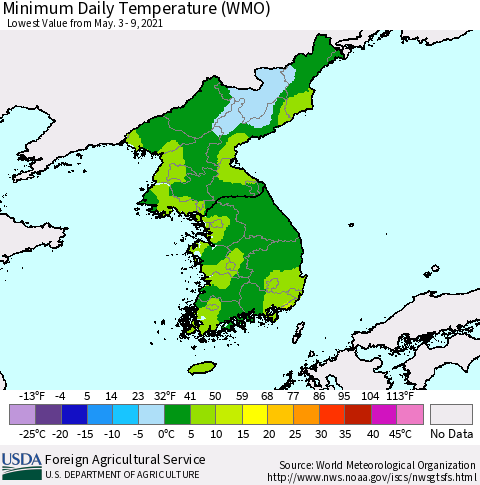 Korea Minimum Daily Temperature (WMO) Thematic Map For 5/3/2021 - 5/9/2021