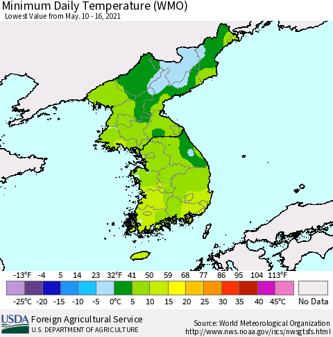 Korea Minimum Daily Temperature (WMO) Thematic Map For 5/10/2021 - 5/16/2021