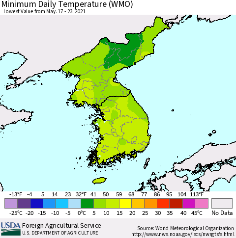 Korea Minimum Daily Temperature (WMO) Thematic Map For 5/17/2021 - 5/23/2021