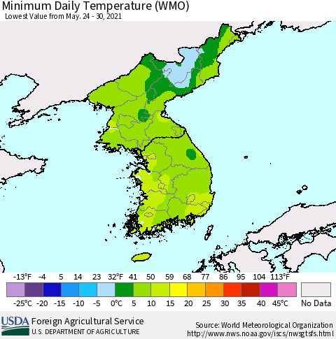 Korea Minimum Daily Temperature (WMO) Thematic Map For 5/24/2021 - 5/30/2021
