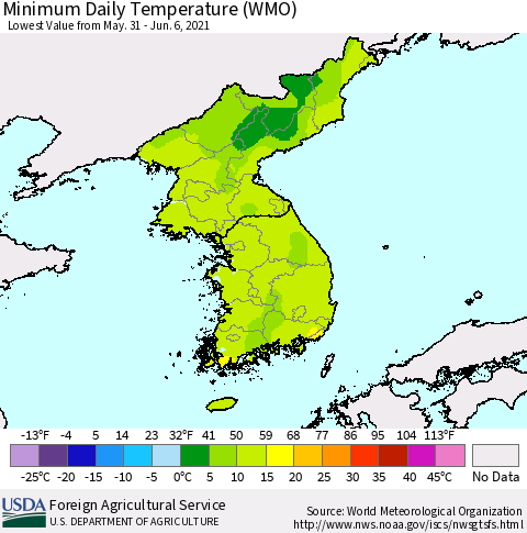 Korea Minimum Daily Temperature (WMO) Thematic Map For 5/31/2021 - 6/6/2021