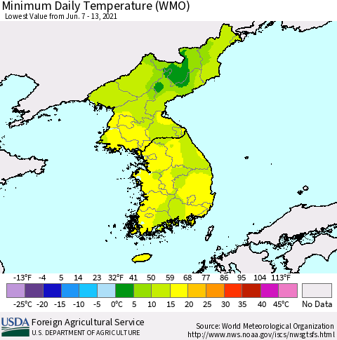 Korea Minimum Daily Temperature (WMO) Thematic Map For 6/7/2021 - 6/13/2021