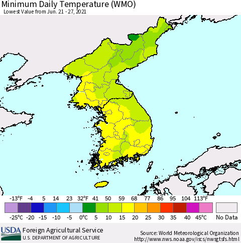 Korea Minimum Daily Temperature (WMO) Thematic Map For 6/21/2021 - 6/27/2021