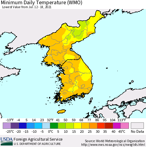 Korea Minimum Daily Temperature (WMO) Thematic Map For 7/12/2021 - 7/18/2021
