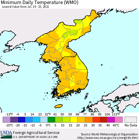 Korea Minimum Daily Temperature (WMO) Thematic Map For 7/19/2021 - 7/25/2021