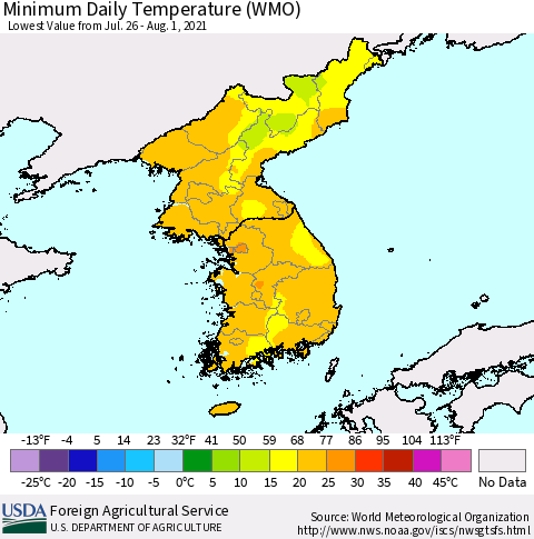 Korea Minimum Daily Temperature (WMO) Thematic Map For 7/26/2021 - 8/1/2021