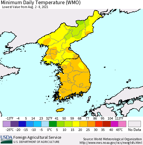 Korea Minimum Daily Temperature (WMO) Thematic Map For 8/2/2021 - 8/8/2021