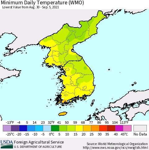 Korea Minimum Daily Temperature (WMO) Thematic Map For 8/30/2021 - 9/5/2021