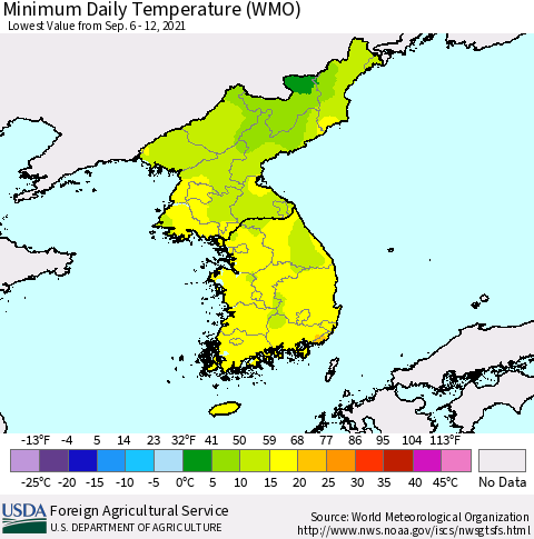 Korea Minimum Daily Temperature (WMO) Thematic Map For 9/6/2021 - 9/12/2021