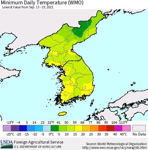 Korea Minimum Daily Temperature (WMO) Thematic Map For 9/13/2021 - 9/19/2021