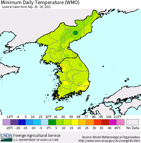 Korea Minimum Daily Temperature (WMO) Thematic Map For 9/20/2021 - 9/26/2021