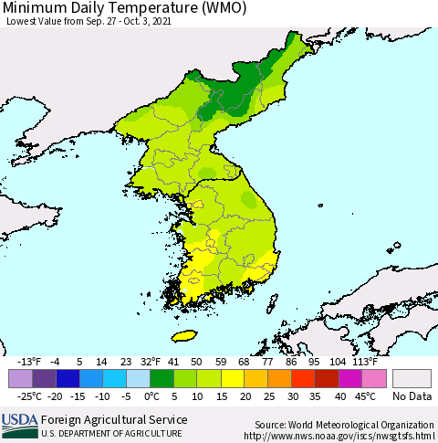 Korea Minimum Daily Temperature (WMO) Thematic Map For 9/27/2021 - 10/3/2021