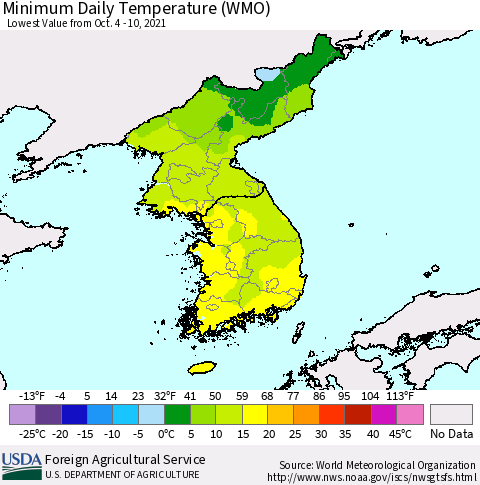 Korea Minimum Daily Temperature (WMO) Thematic Map For 10/4/2021 - 10/10/2021
