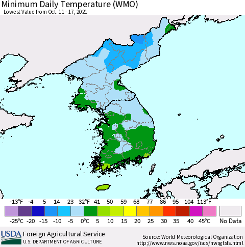 Korea Minimum Daily Temperature (WMO) Thematic Map For 10/11/2021 - 10/17/2021