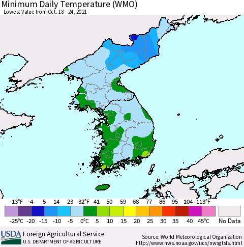 Korea Minimum Daily Temperature (WMO) Thematic Map For 10/18/2021 - 10/24/2021