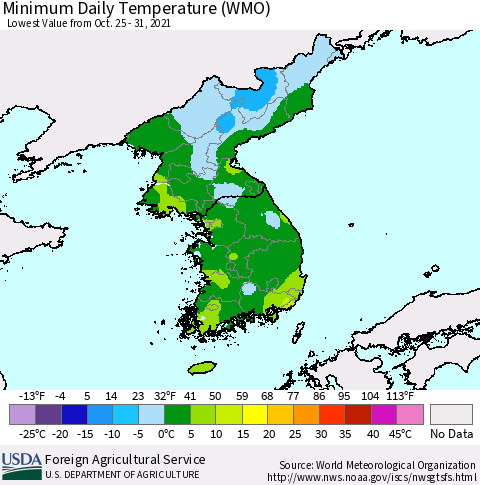 Korea Minimum Daily Temperature (WMO) Thematic Map For 10/25/2021 - 10/31/2021