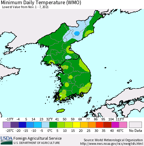 Korea Minimum Daily Temperature (WMO) Thematic Map For 11/1/2021 - 11/7/2021