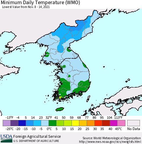 Korea Minimum Daily Temperature (WMO) Thematic Map For 11/8/2021 - 11/14/2021