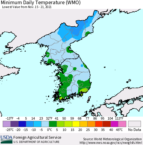 Korea Minimum Daily Temperature (WMO) Thematic Map For 11/15/2021 - 11/21/2021