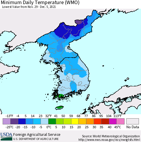 Korea Minimum Daily Temperature (WMO) Thematic Map For 11/29/2021 - 12/5/2021
