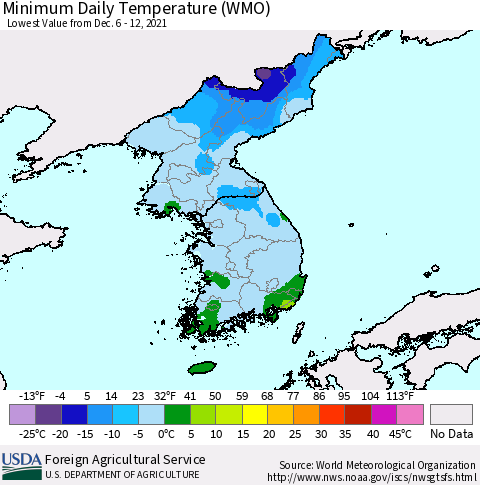 Korea Minimum Daily Temperature (WMO) Thematic Map For 12/6/2021 - 12/12/2021
