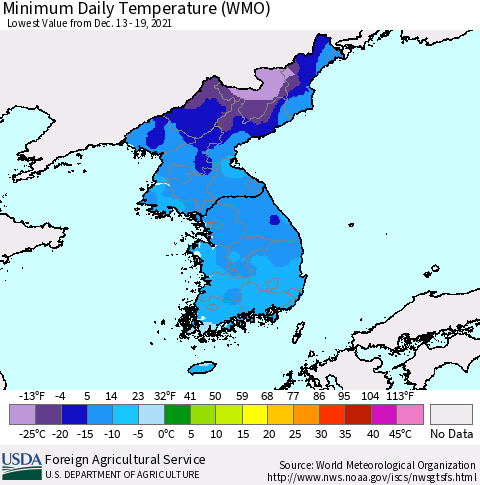 Korea Minimum Daily Temperature (WMO) Thematic Map For 12/13/2021 - 12/19/2021