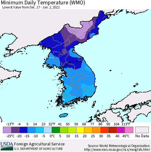 Korea Minimum Daily Temperature (WMO) Thematic Map For 12/27/2021 - 1/2/2022