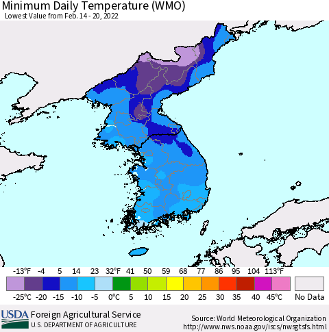 Korea Minimum Daily Temperature (WMO) Thematic Map For 2/14/2022 - 2/20/2022