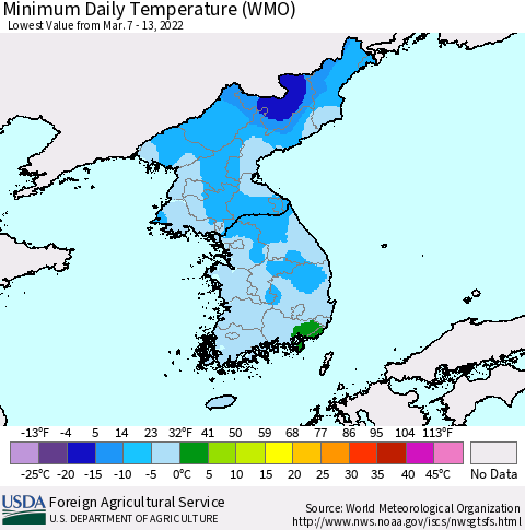 Korea Minimum Daily Temperature (WMO) Thematic Map For 3/7/2022 - 3/13/2022