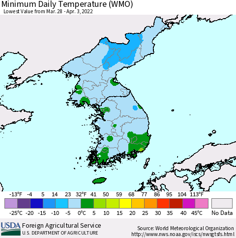 Korea Minimum Daily Temperature (WMO) Thematic Map For 3/28/2022 - 4/3/2022