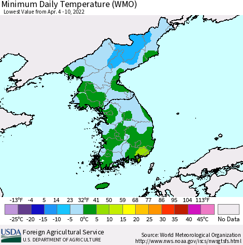 Korea Minimum Daily Temperature (WMO) Thematic Map For 4/4/2022 - 4/10/2022