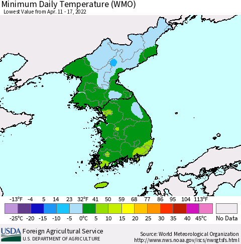 Korea Minimum Daily Temperature (WMO) Thematic Map For 4/11/2022 - 4/17/2022