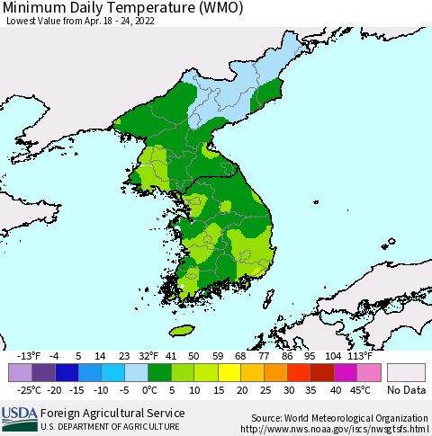 Korea Minimum Daily Temperature (WMO) Thematic Map For 4/18/2022 - 4/24/2022