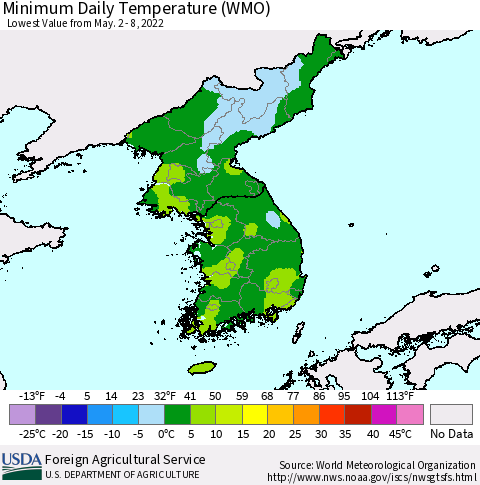 Korea Minimum Daily Temperature (WMO) Thematic Map For 5/2/2022 - 5/8/2022