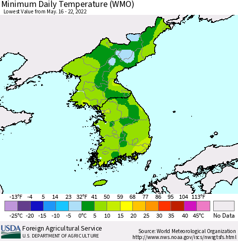 Korea Minimum Daily Temperature (WMO) Thematic Map For 5/16/2022 - 5/22/2022