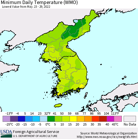 Korea Minimum Daily Temperature (WMO) Thematic Map For 5/23/2022 - 5/29/2022