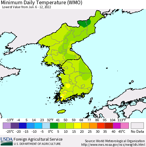 Korea Minimum Daily Temperature (WMO) Thematic Map For 6/6/2022 - 6/12/2022