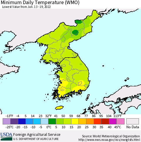 Korea Minimum Daily Temperature (WMO) Thematic Map For 6/13/2022 - 6/19/2022