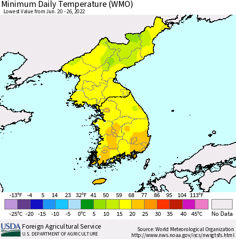 Korea Minimum Daily Temperature (WMO) Thematic Map For 6/20/2022 - 6/26/2022