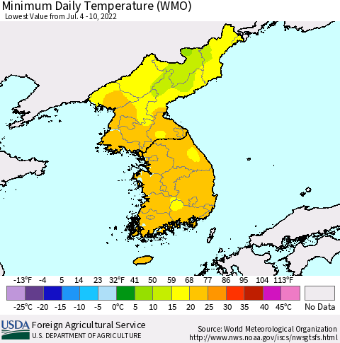 Korea Minimum Daily Temperature (WMO) Thematic Map For 7/4/2022 - 7/10/2022