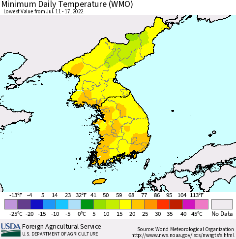 Korea Minimum Daily Temperature (WMO) Thematic Map For 7/11/2022 - 7/17/2022