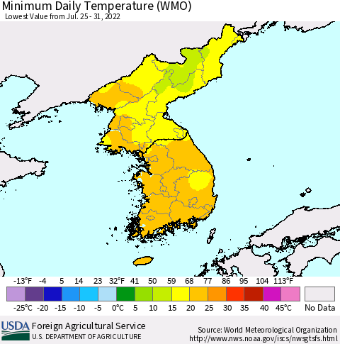 Korea Minimum Daily Temperature (WMO) Thematic Map For 7/25/2022 - 7/31/2022