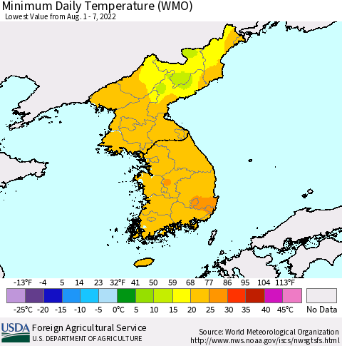 Korea Minimum Daily Temperature (WMO) Thematic Map For 8/1/2022 - 8/7/2022