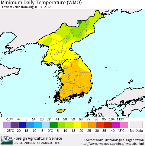 Korea Minimum Daily Temperature (WMO) Thematic Map For 8/8/2022 - 8/14/2022