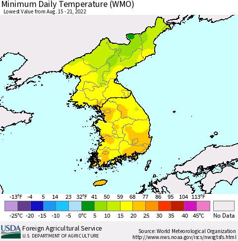 Korea Minimum Daily Temperature (WMO) Thematic Map For 8/15/2022 - 8/21/2022
