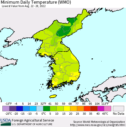 Korea Minimum Daily Temperature (WMO) Thematic Map For 8/22/2022 - 8/28/2022