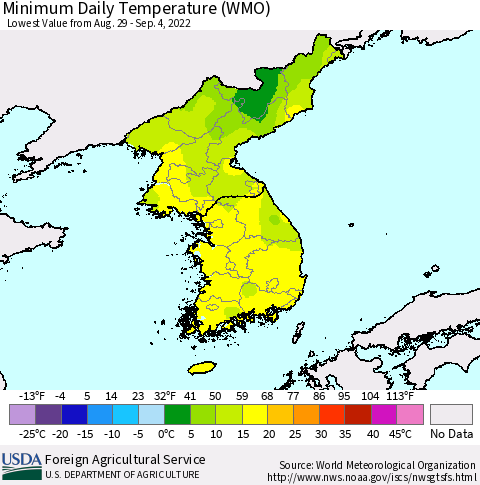 Korea Minimum Daily Temperature (WMO) Thematic Map For 8/29/2022 - 9/4/2022