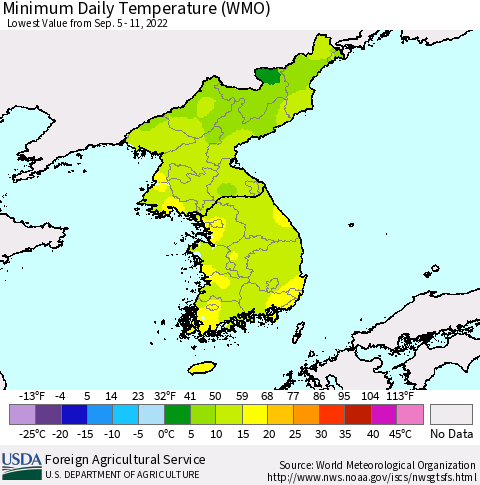 Korea Minimum Daily Temperature (WMO) Thematic Map For 9/5/2022 - 9/11/2022