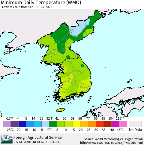 Korea Minimum Daily Temperature (WMO) Thematic Map For 9/19/2022 - 9/25/2022