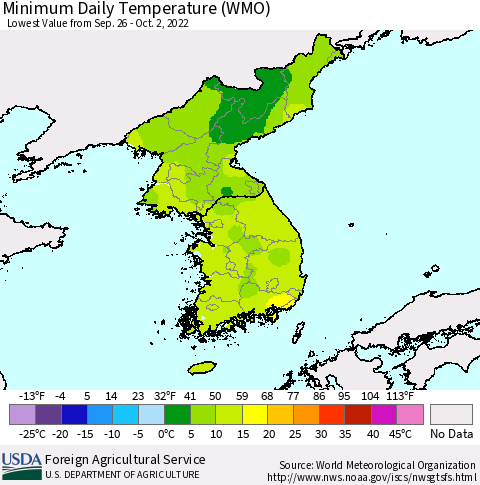 Korea Minimum Daily Temperature (WMO) Thematic Map For 9/26/2022 - 10/2/2022